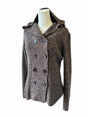 Late y2k Double Breasted Hooded Knit Cardigan Sweater Black/Brown Large